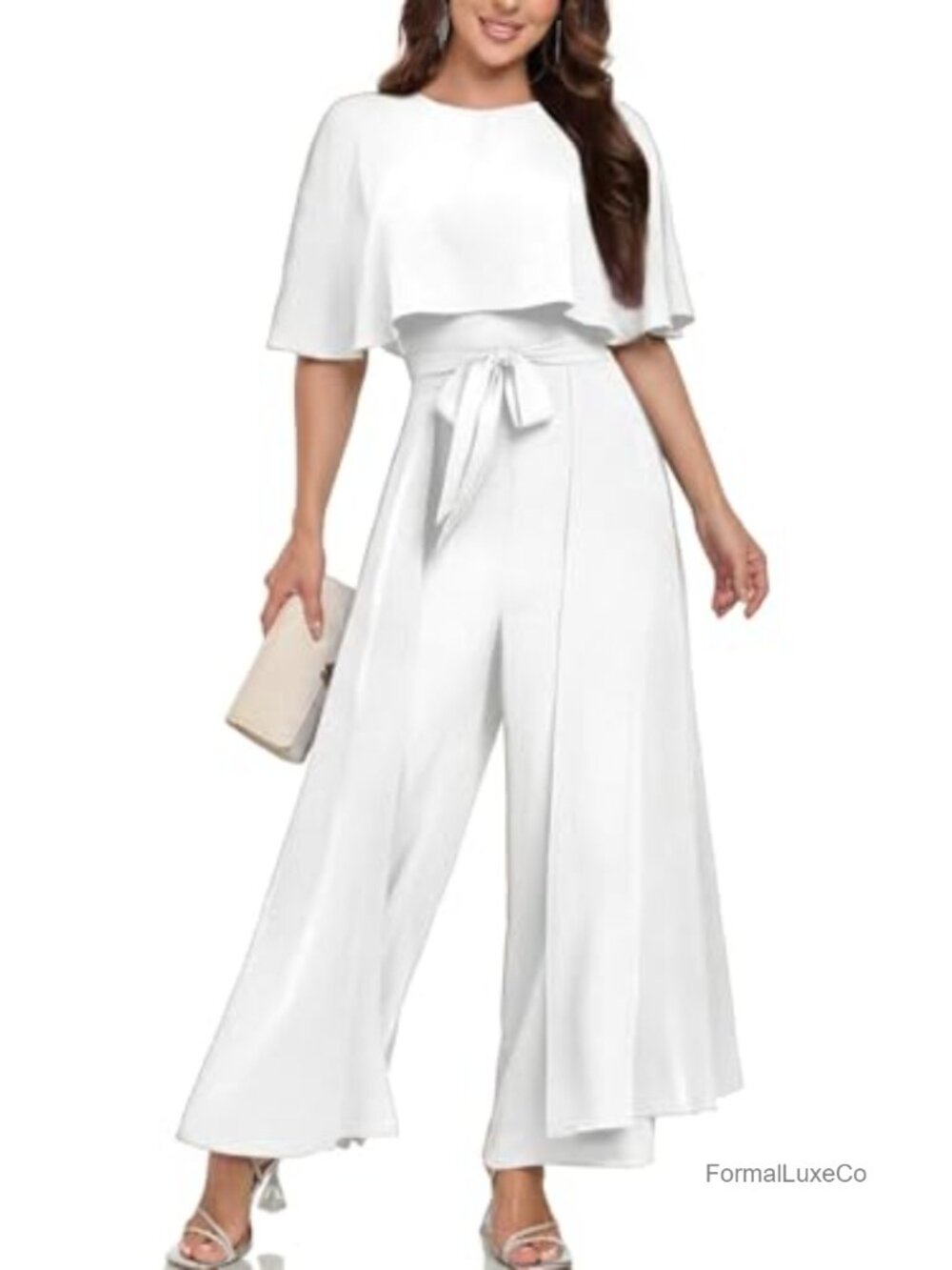 Women's Dressy Jumpsuit Short Sleeve Crew Neck Wide Leg Romper with Belt